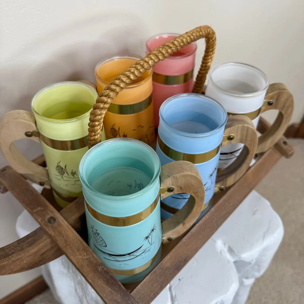 Vintage Siesta Ware Set of 6 Hawaiian Tiki Mugs & Wood Outrigger Canoe Carrier